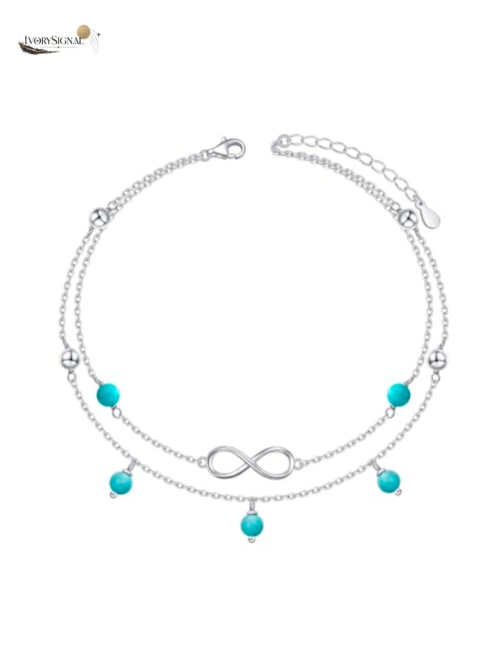 S925 Sterling Silver Turquoise Beaded Heart Charm Anklet Adjustable Women's